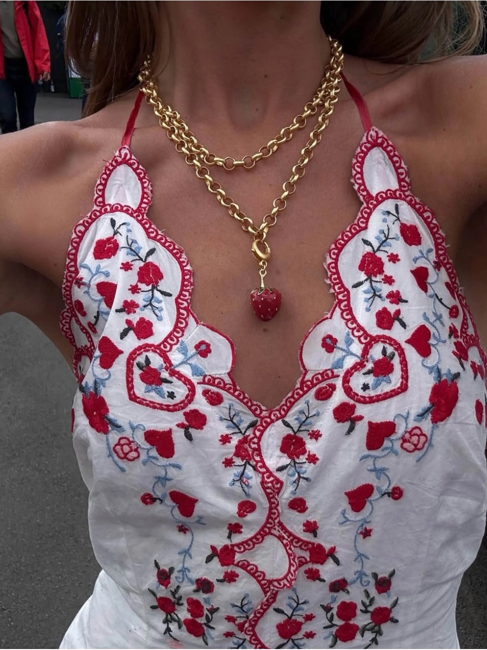 NWT retails 249, Free People White Midi Dress with Red Embroidered Bodice - Picture 3 of 14
